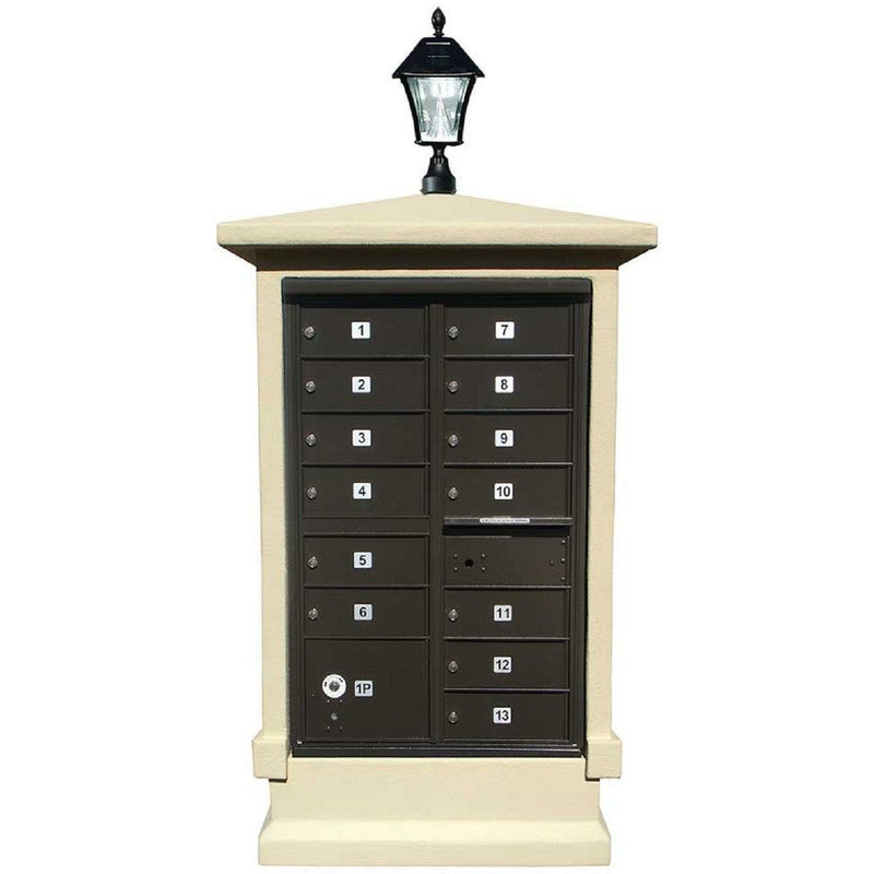 QualArc Short Pedestal Eastview Stucco CBU Mailbox Center and Bayview Solar Lamp