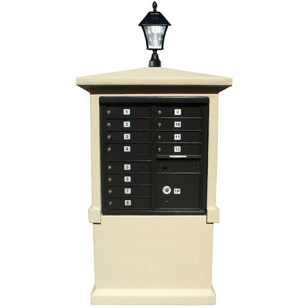 QualArc Tall Pedestal Eastview Stucco CBU Mailbox Center and Bay View Solar Lamp