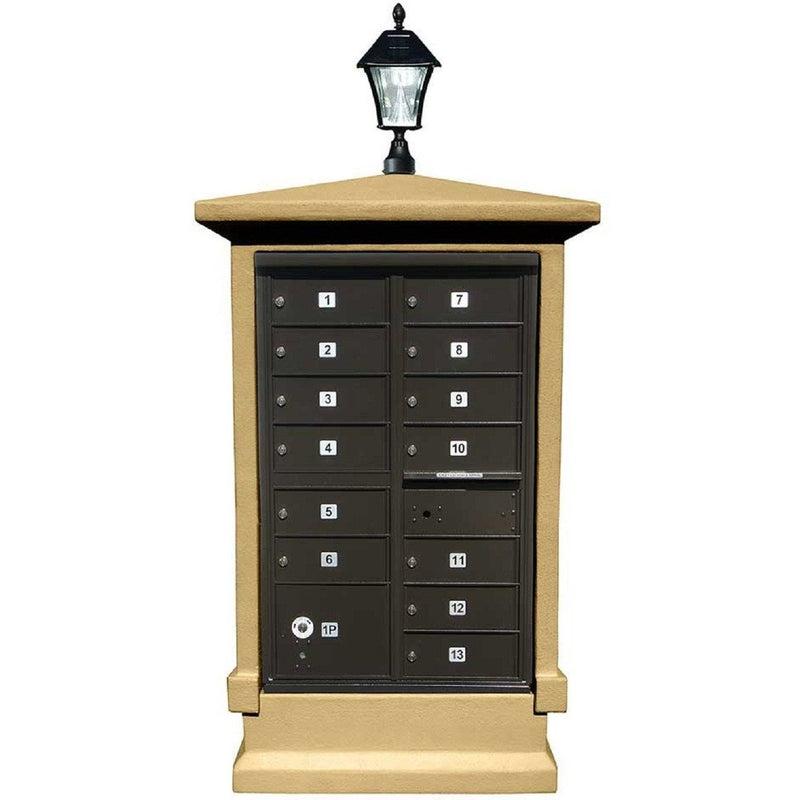 QualArc Short Pedestal Eastview Stucco CBU Mailbox Center and Bayview Solar Lamp