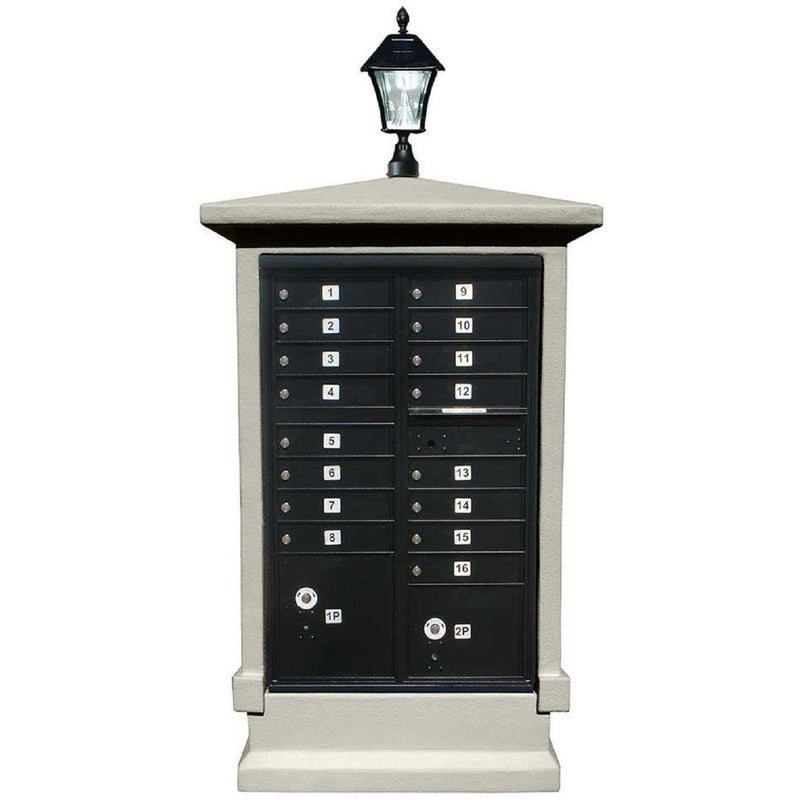 QualArc Short Pedestal Eastview Stucco CBU Mailbox Center and Bayview Solar Lamp
