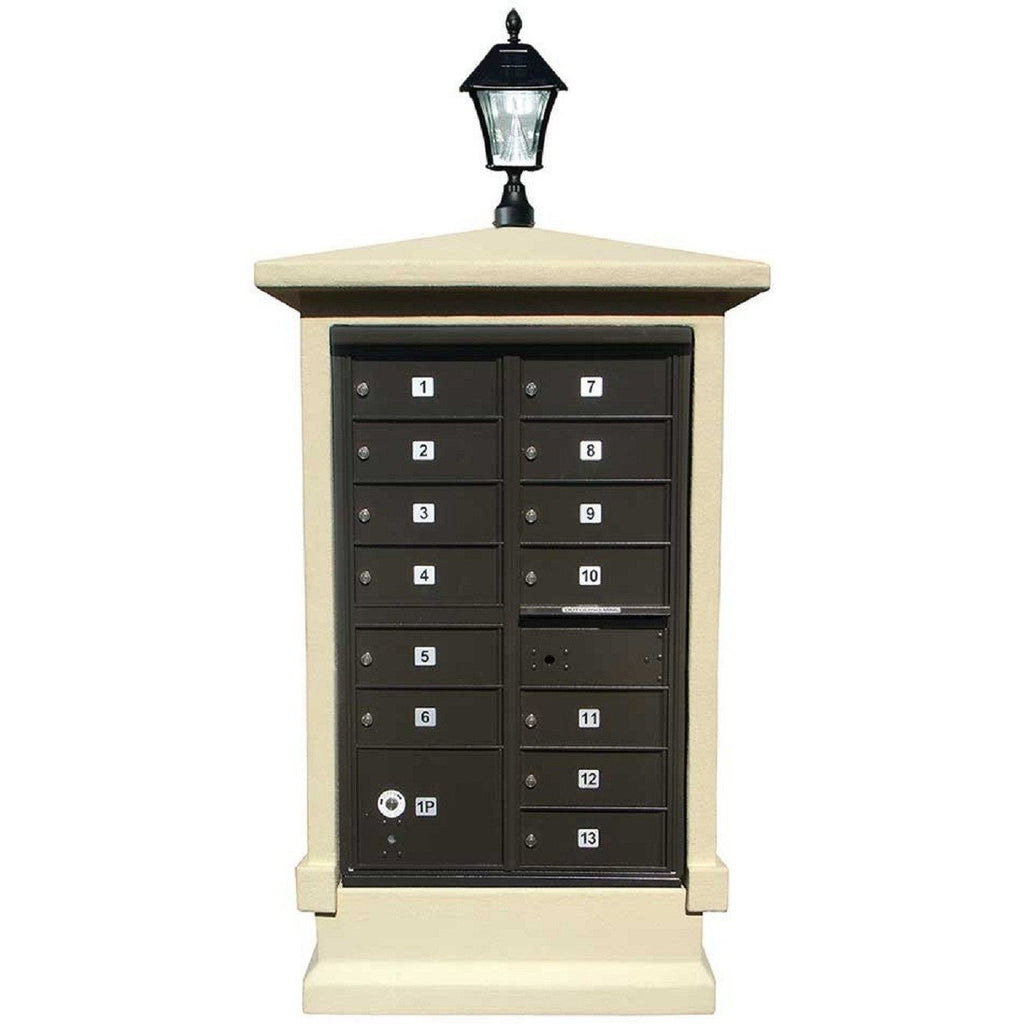 QualArc Short Pedestal Eastview Stucco CBU Mailbox Center and Bayview Solar Lamp