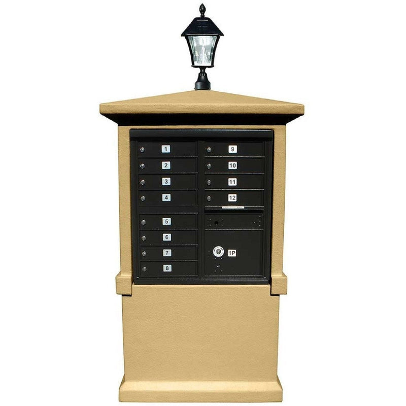 QualArc Tall Pedestal Eastview Stucco CBU Mailbox Center and Bay View Solar Lamp