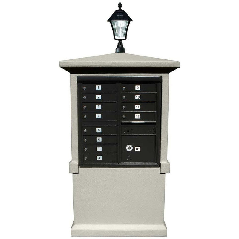 QualArc Tall Pedestal Eastview Stucco CBU Mailbox Center and Bay View Solar Lamp