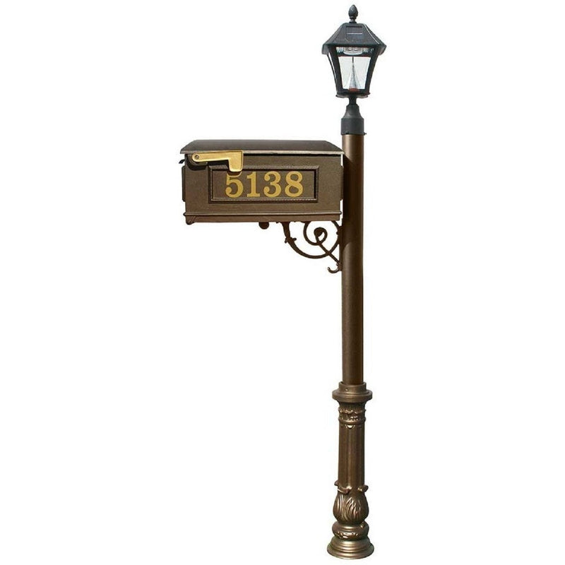 QualArc Personalized Lewiston Mailbox Post Cast Aluminum and Bayview Solar Lamp